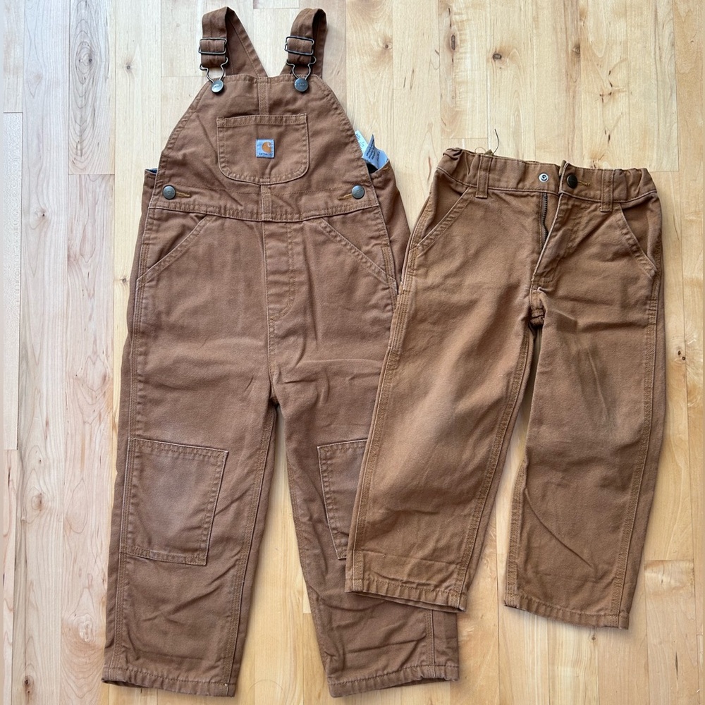Bundle of Carhartt flannel lined overalls and unlined pants size 3T